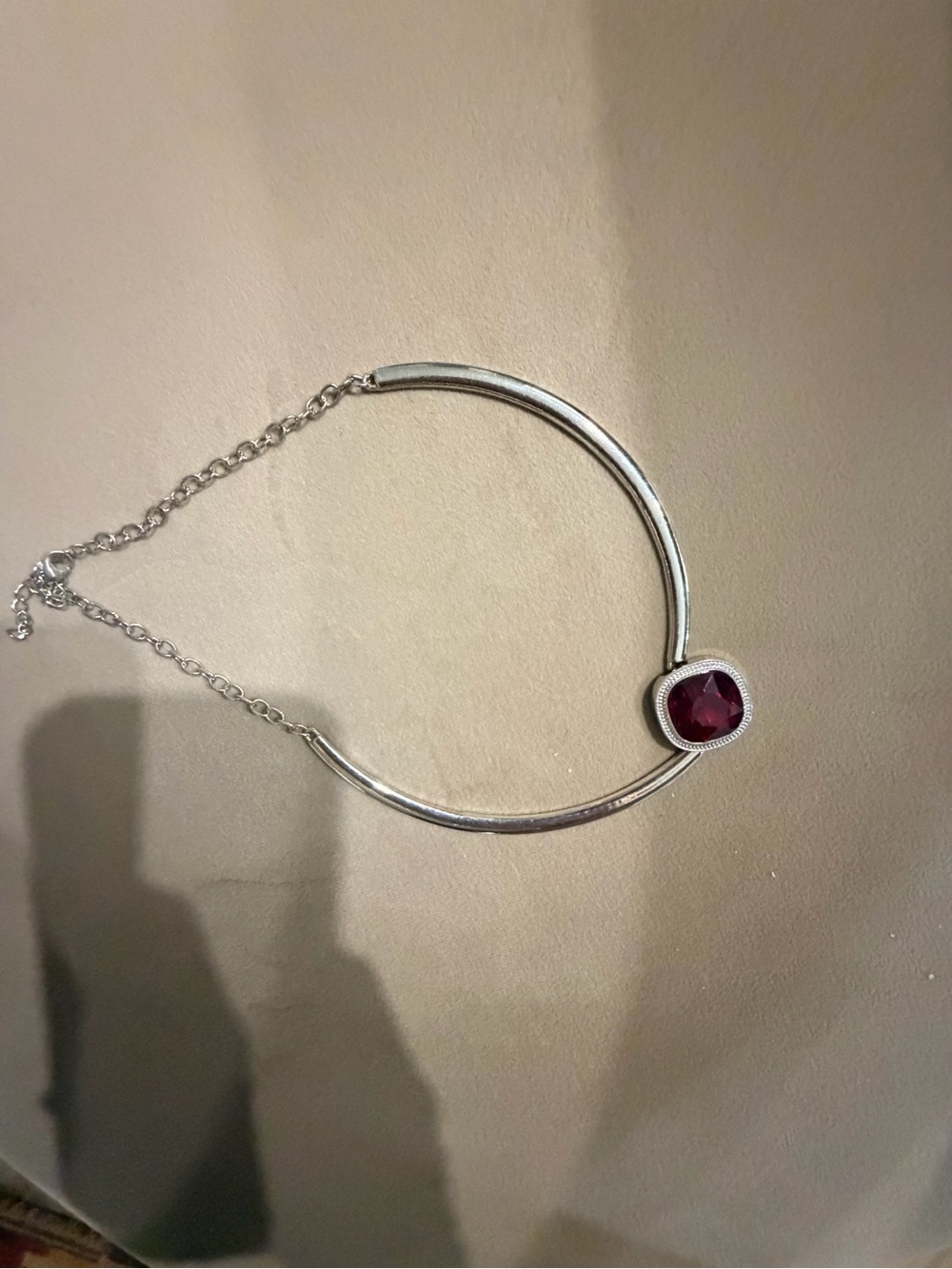 Silver Necklace with Deep Red Gemstone Accent